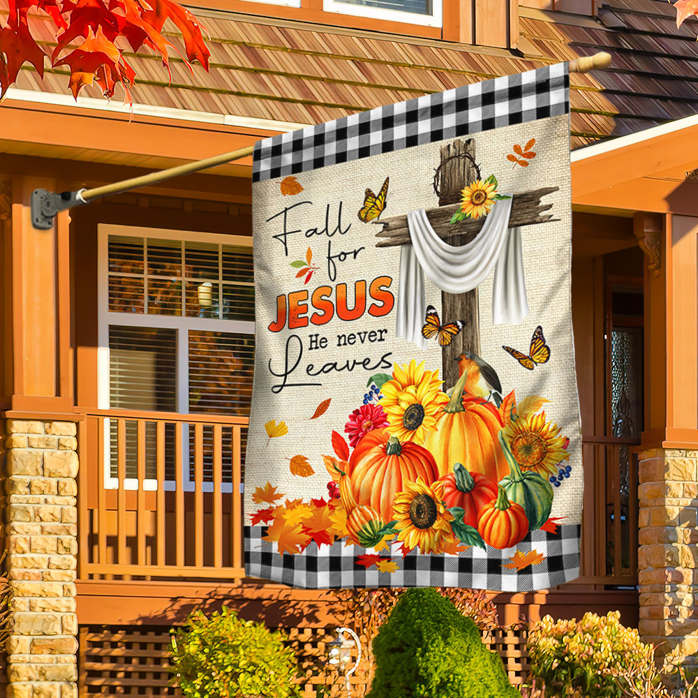 Fall Flag "Fall For Jesus He Never Leaves" Seasonal Decorative Flag 3-Day Shipping
