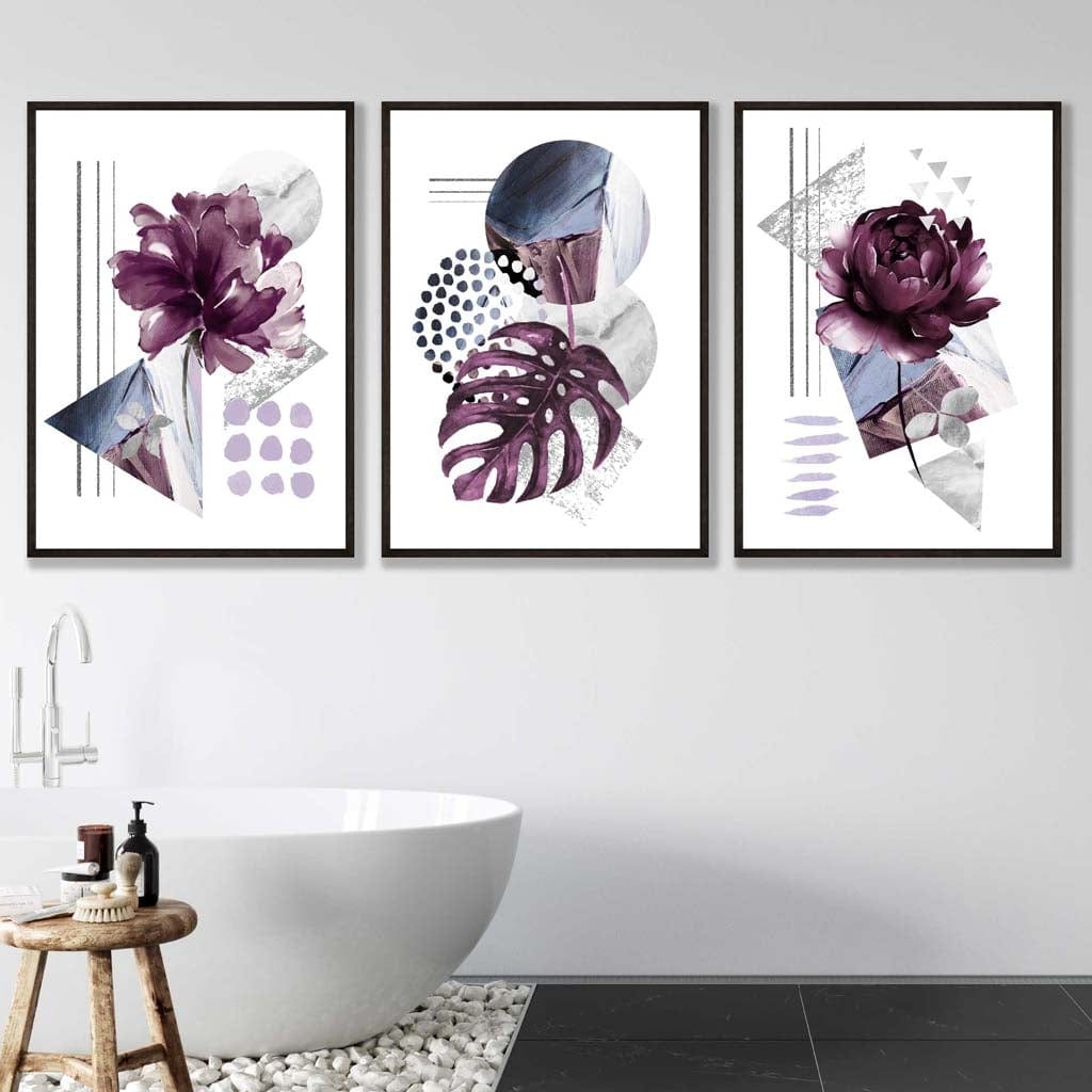 Contemporary purple and silver-gray flower set of 3 wall art prints | Bowlift