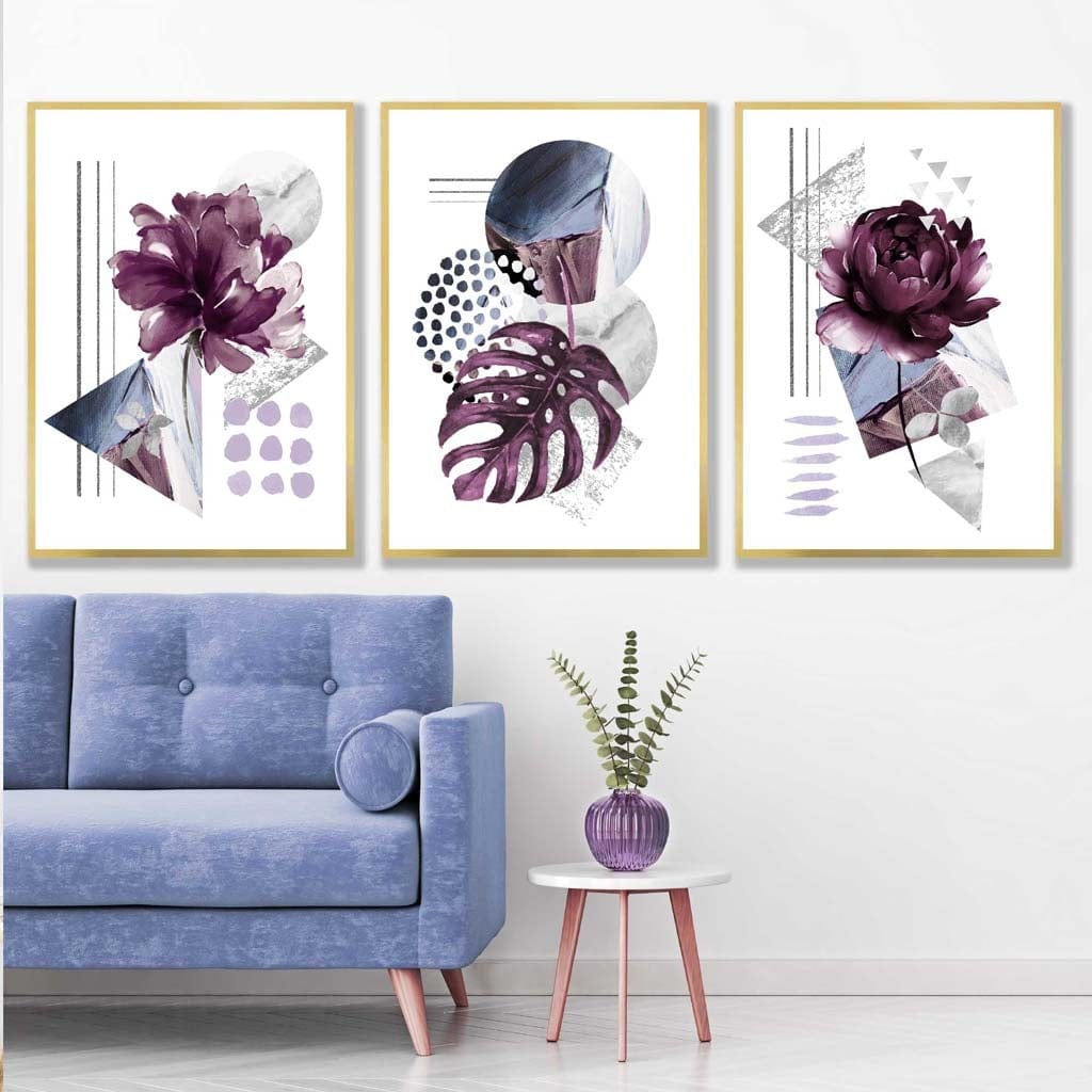 Contemporary purple and silver-gray flower set of 3 wall art prints | Bowlift