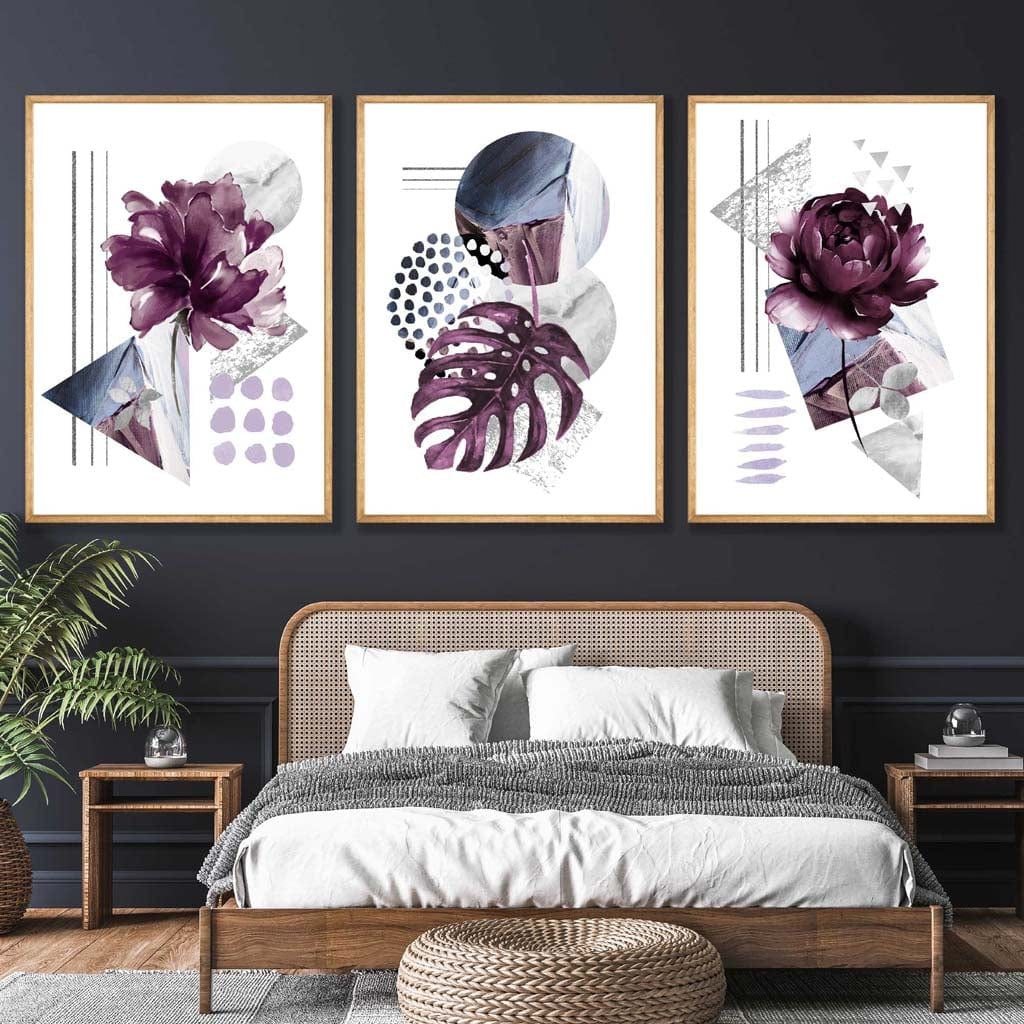 Contemporary purple and silver-gray flower set of 3 wall art prints | Bowlift