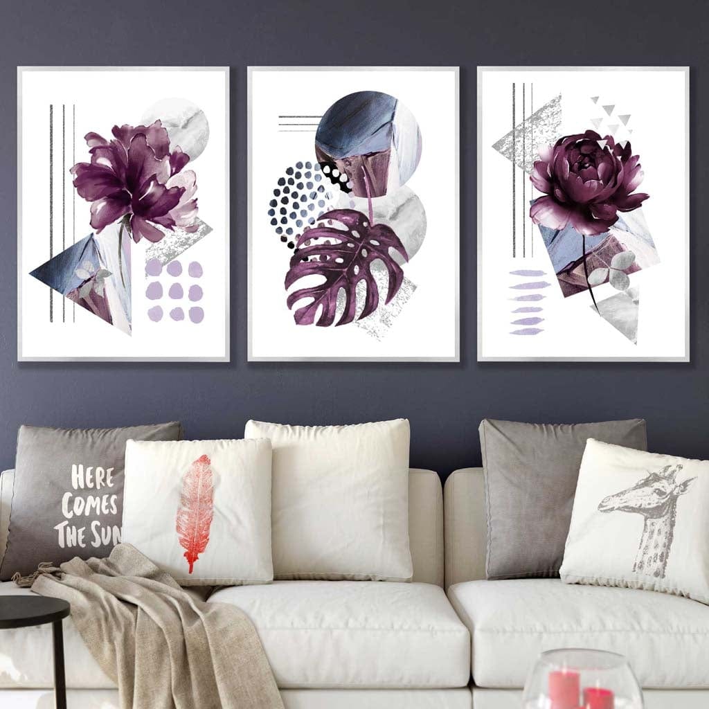 Contemporary purple and silver-gray flower set of 3 wall art prints | Bowlift