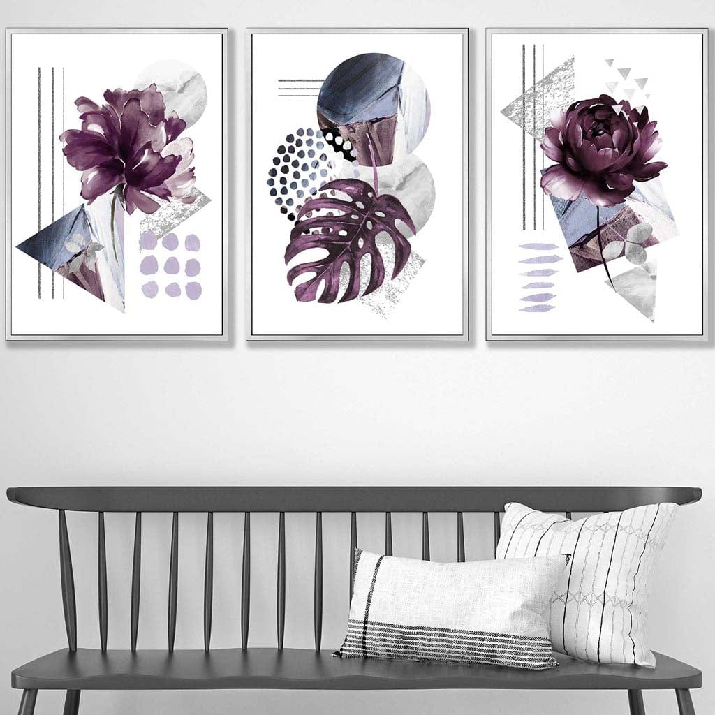 Contemporary purple and silver-gray flower set of 3 wall art prints | Bowlift