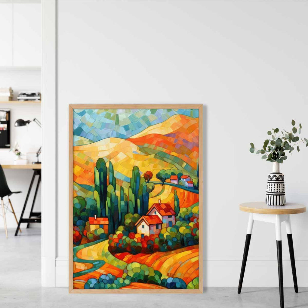 Colorful landscape with house abstract painting art print | Bowlift