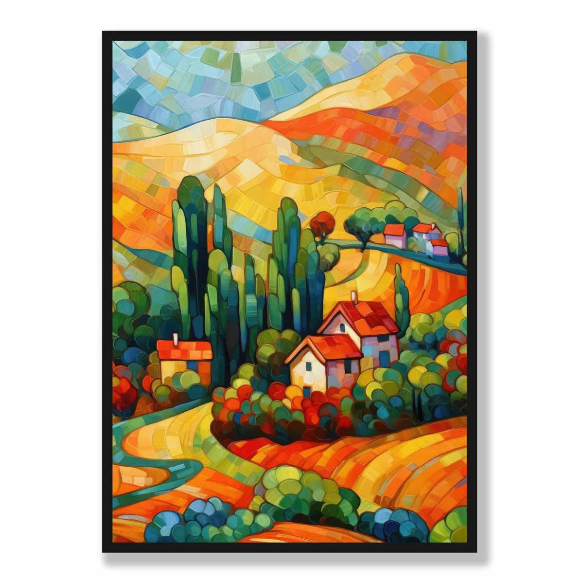 Colorful landscape with house abstract painting art print | Bowlift