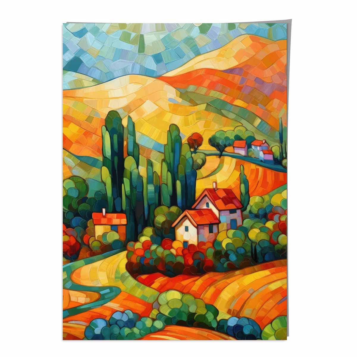 Colorful landscape with house abstract painting art print | Bowlift