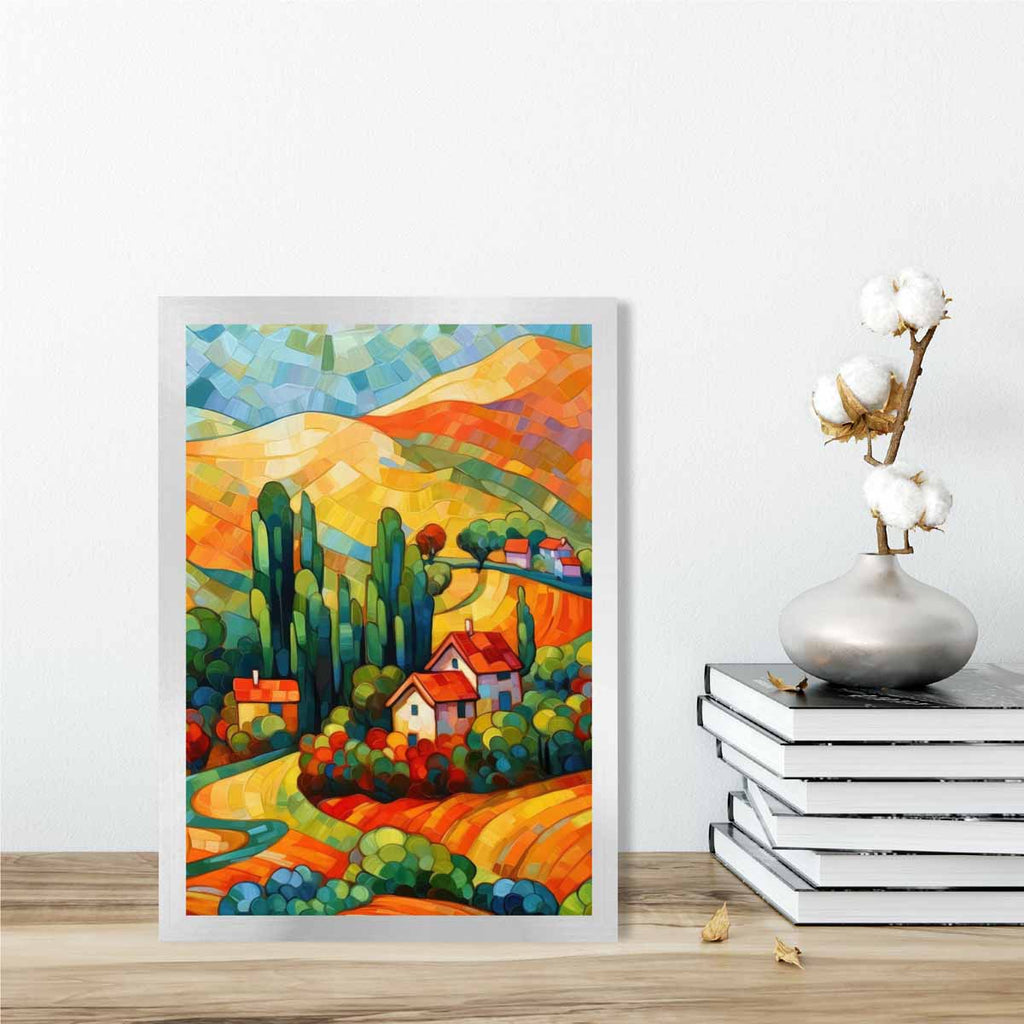 Colorful landscape with house abstract painting art print | Bowlift