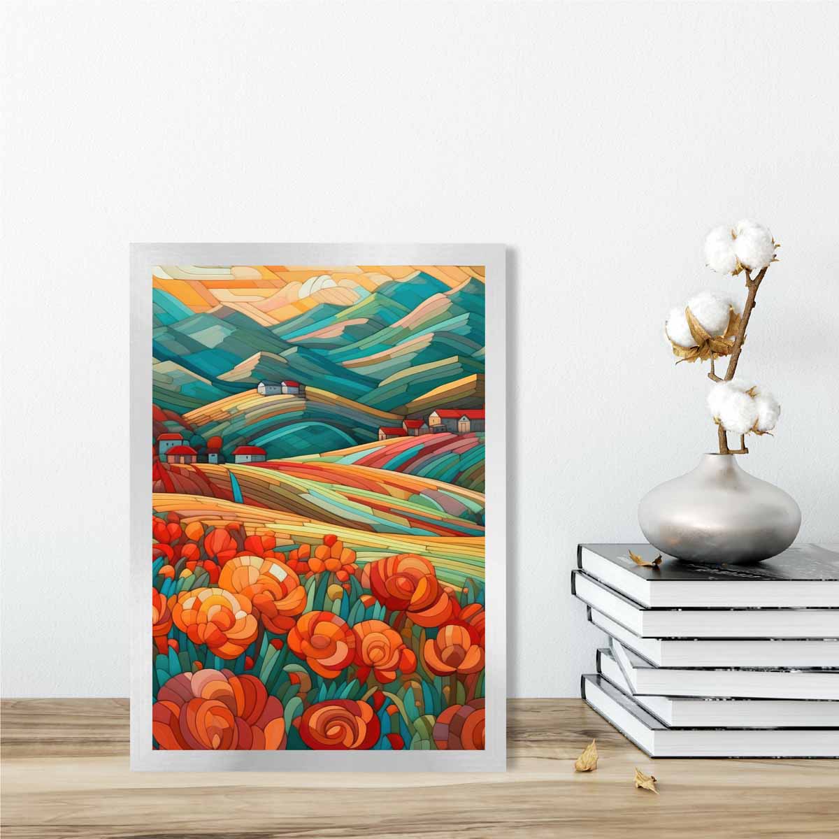 Colorful landscape with red flowers abstract painting art print | Bowlift