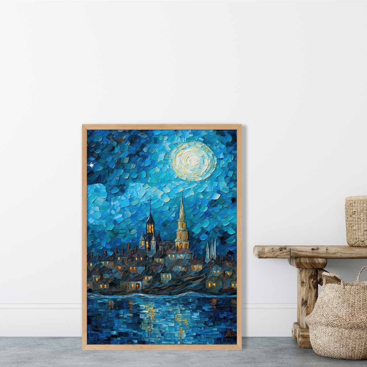 City by the Lake at Night Palette Knife Painting Art Print | Bowlift