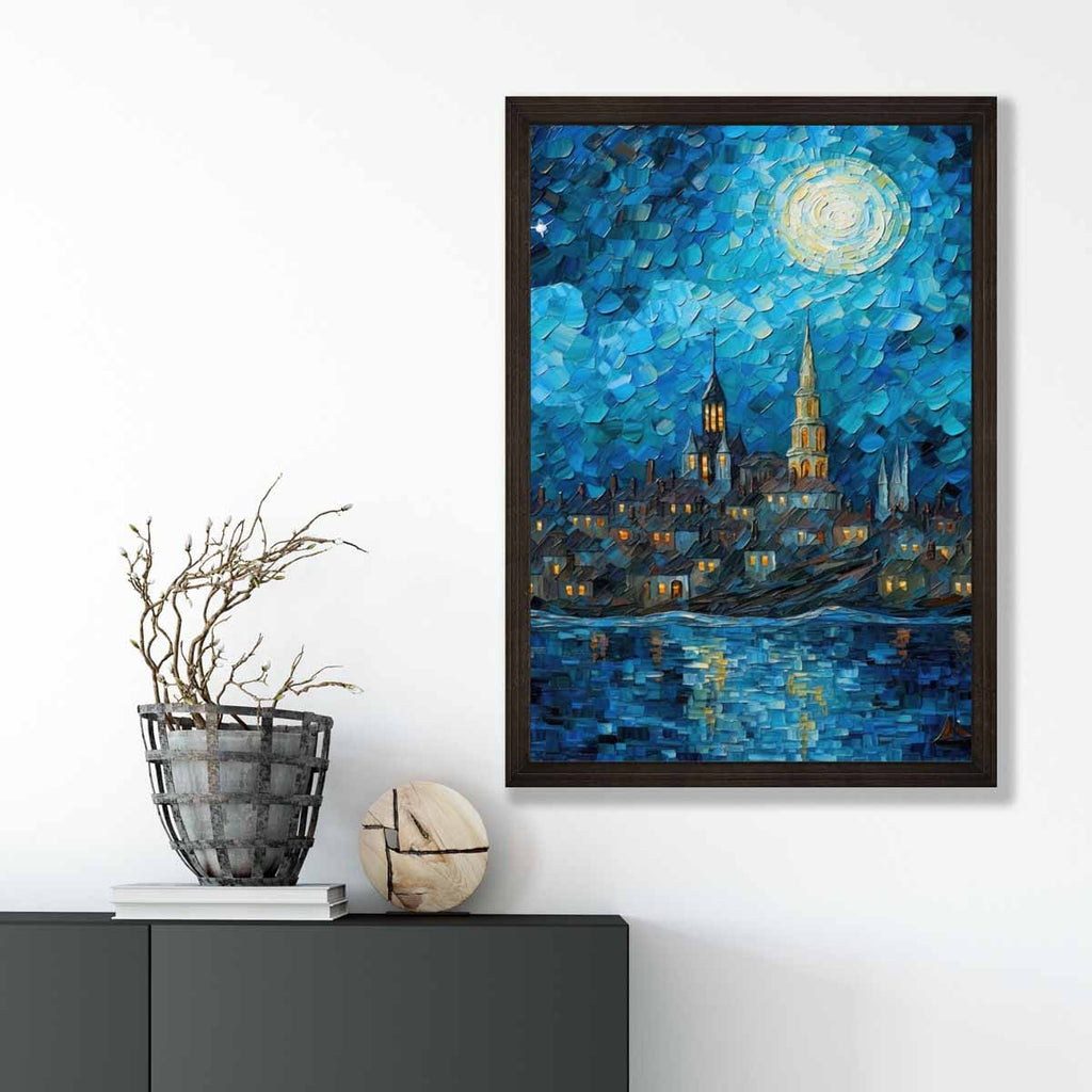 City by the Lake at Night Palette Knife Painting Art Print | Bowlift