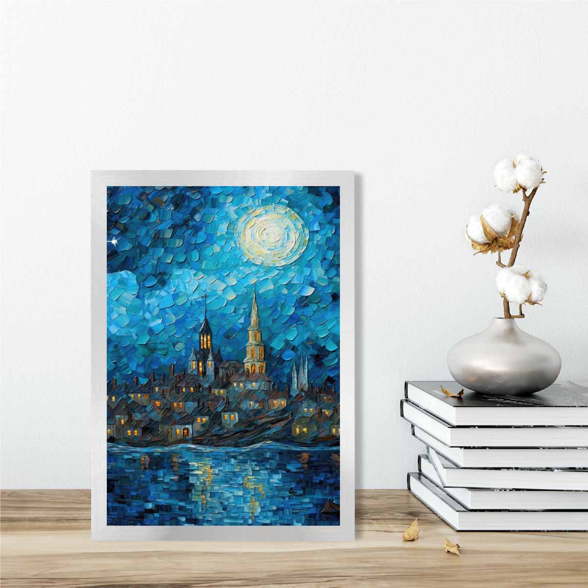 City by the Lake at Night Palette Knife Painting Art Print | Bowlift