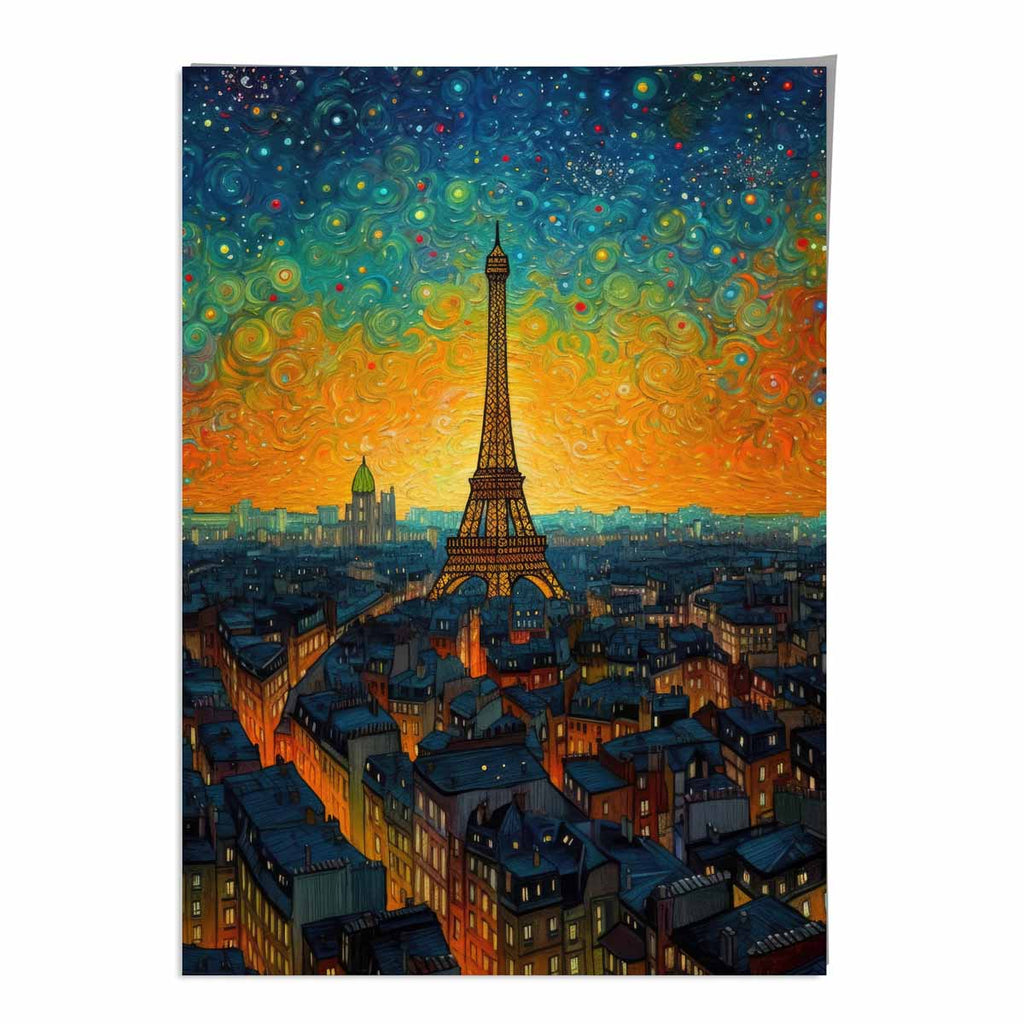 Colorful painting art print of Paris at sunset | Bowlift