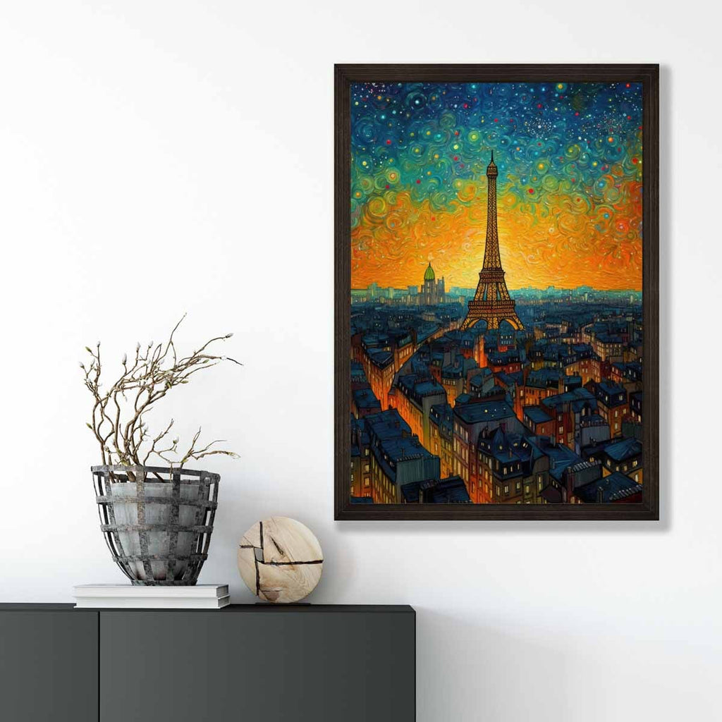 Colorful painting art print of Paris at sunset | Bowlift
