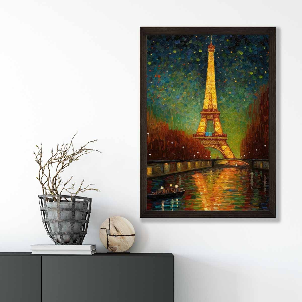 Colorful painting art print of Paris at night | Bowlift
