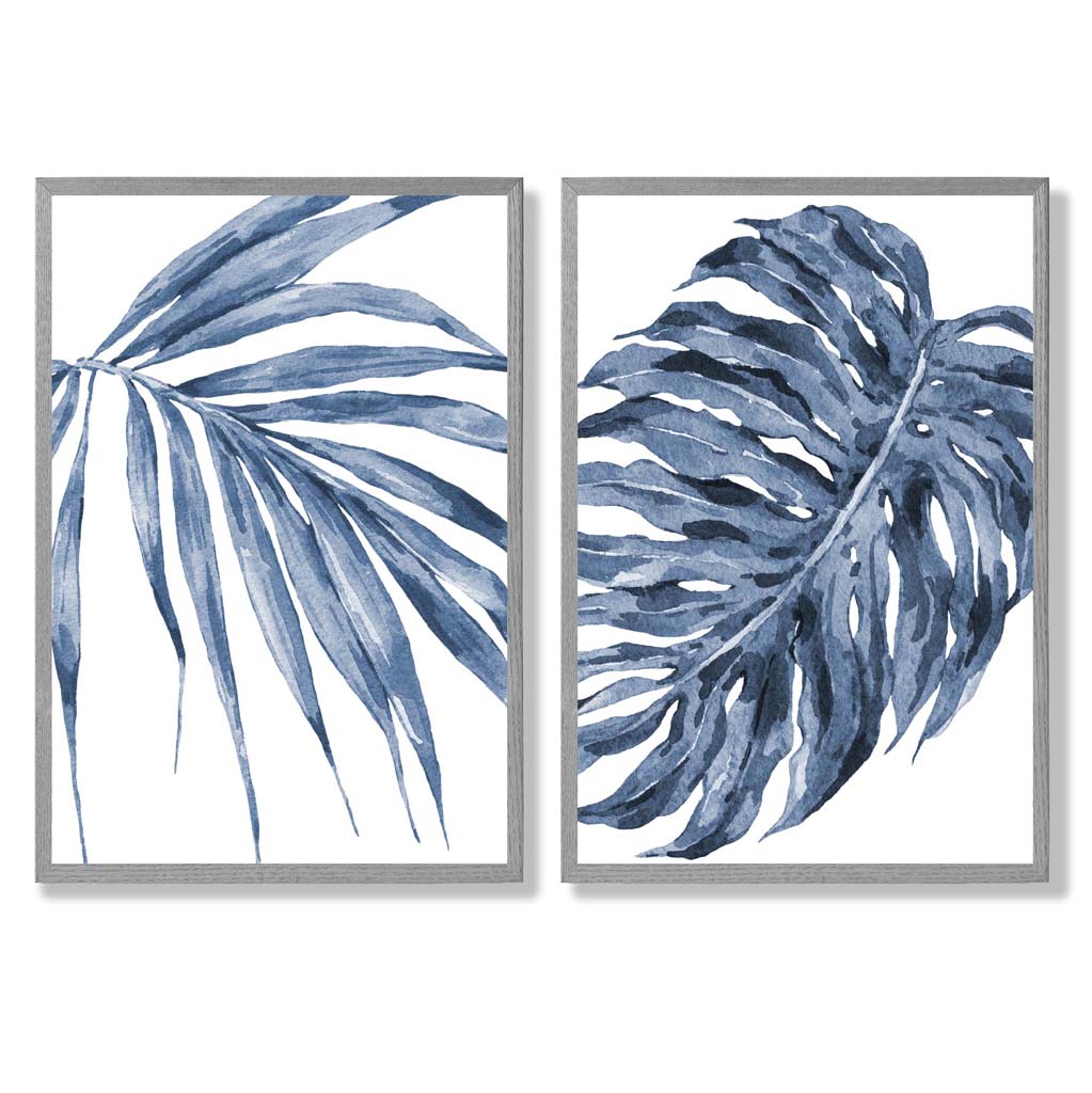 Blue Monstera Papyrus Watercolor Frame Set of 2 Art Prints | Bowlift