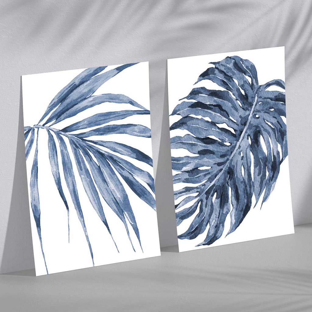 Blue Monstera Papyrus Watercolor Frame Set of 2 Art Prints | Bowlift