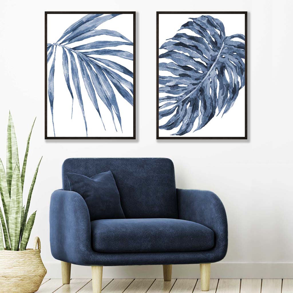 Blue Monstera Papyrus Watercolor Frame Set of 2 Art Prints | Bowlift