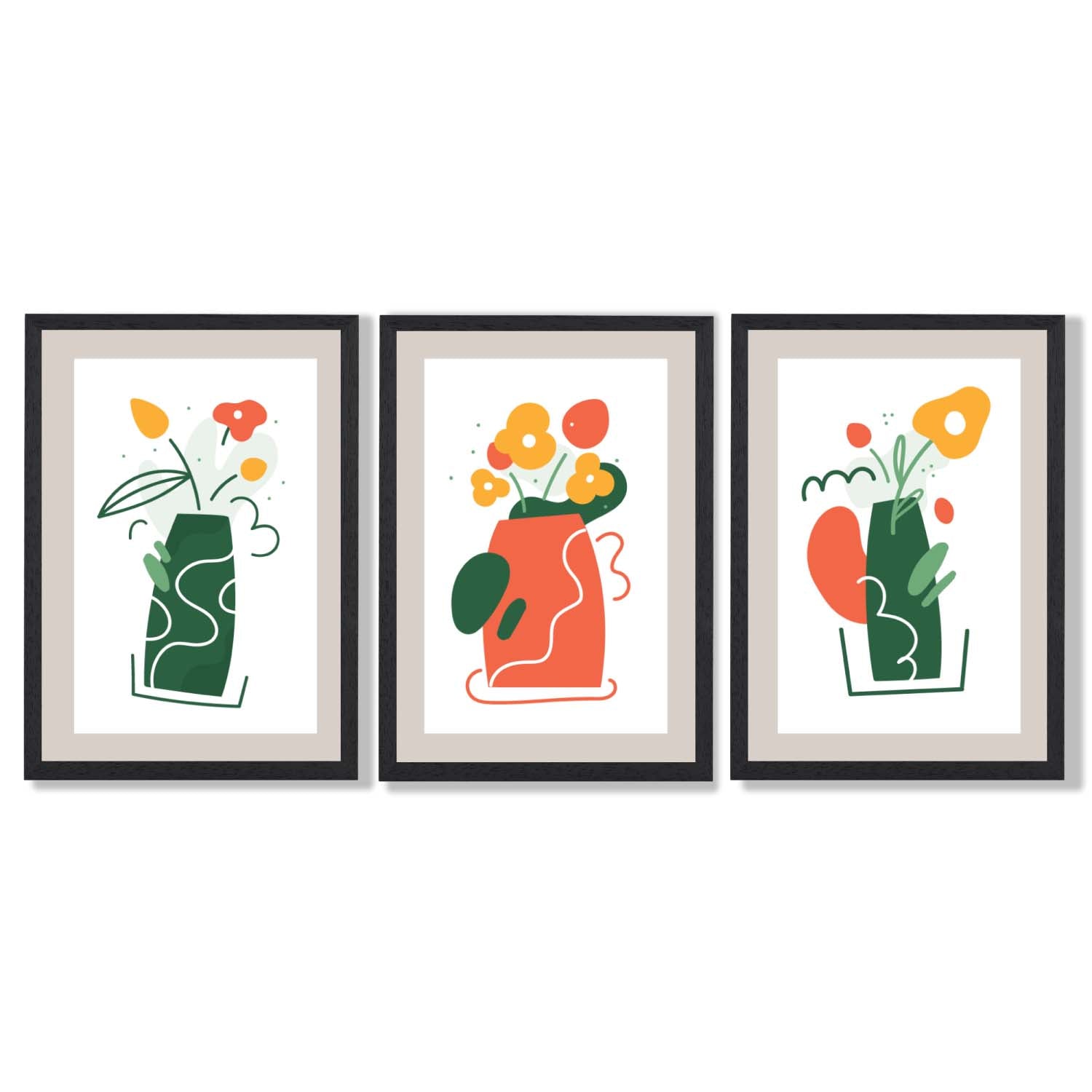Boho Minimal Floral Green Orange Set of 3 Framed Art Prints | Bowlift