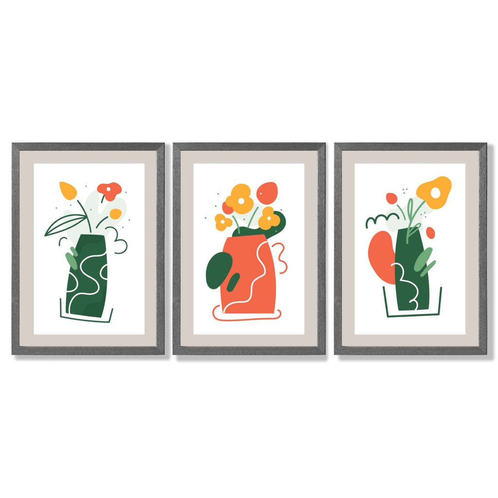 Boho Minimal Floral Green Orange Set of 3 Framed Art Prints | Bowlift