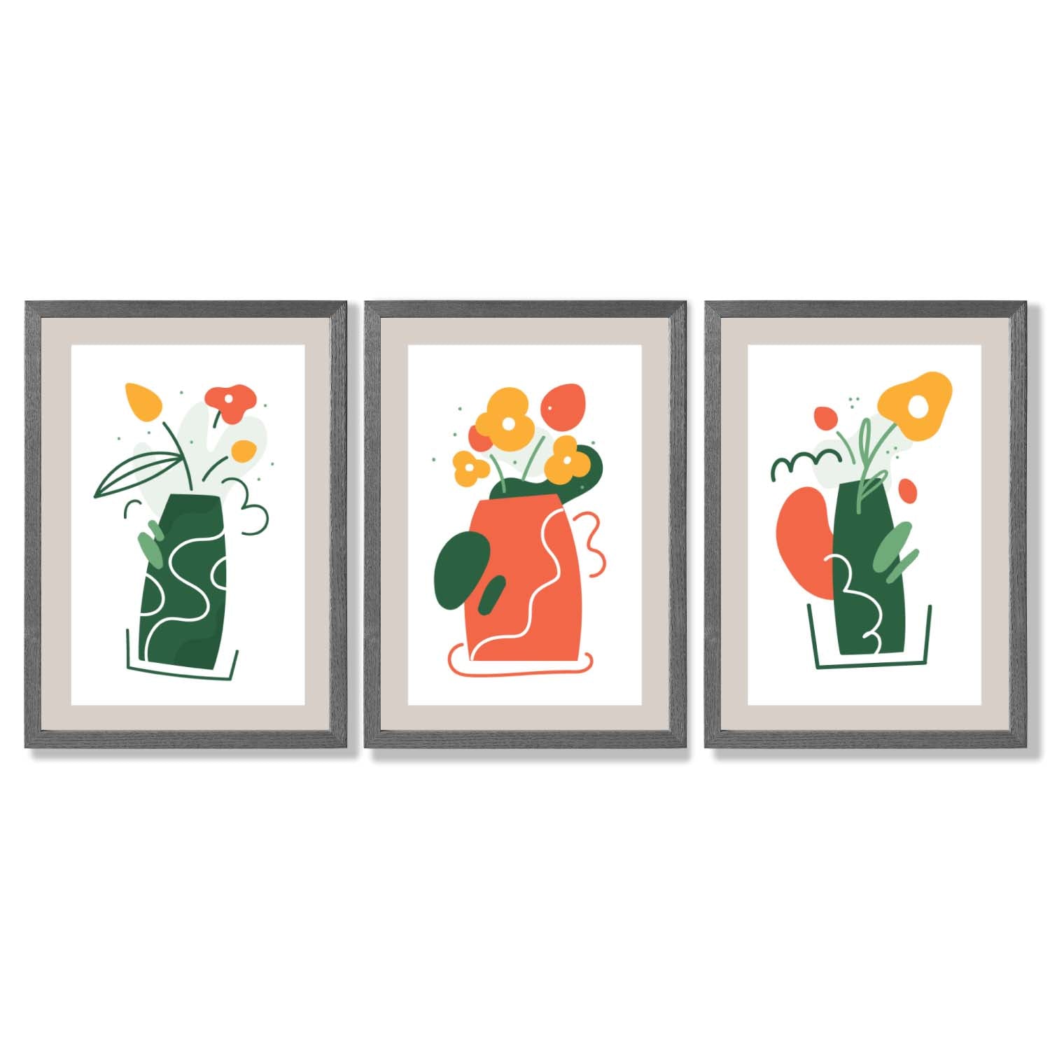 Boho Minimal Floral Green Orange Set of 3 Framed Art Prints | Bowlift