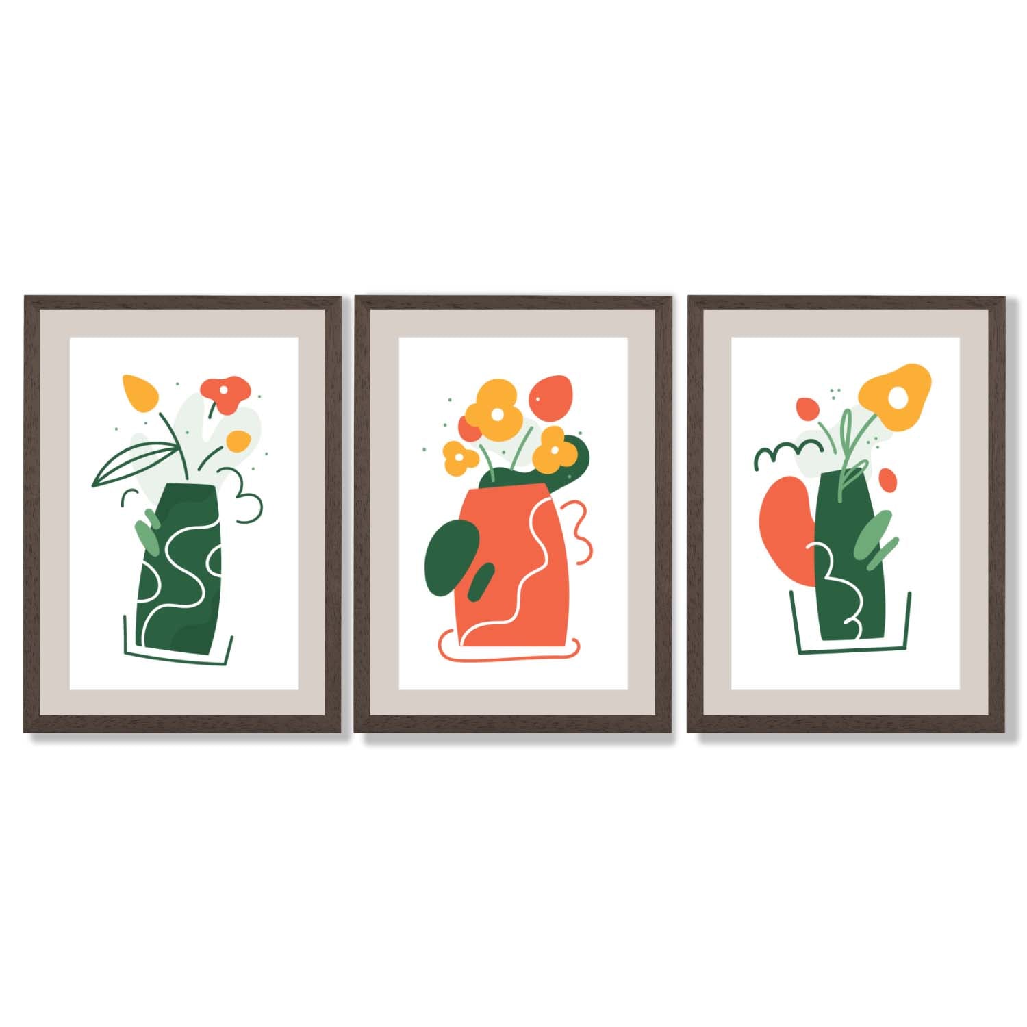 Boho Minimal Floral Green Orange Set of 3 Framed Art Prints | Bowlift