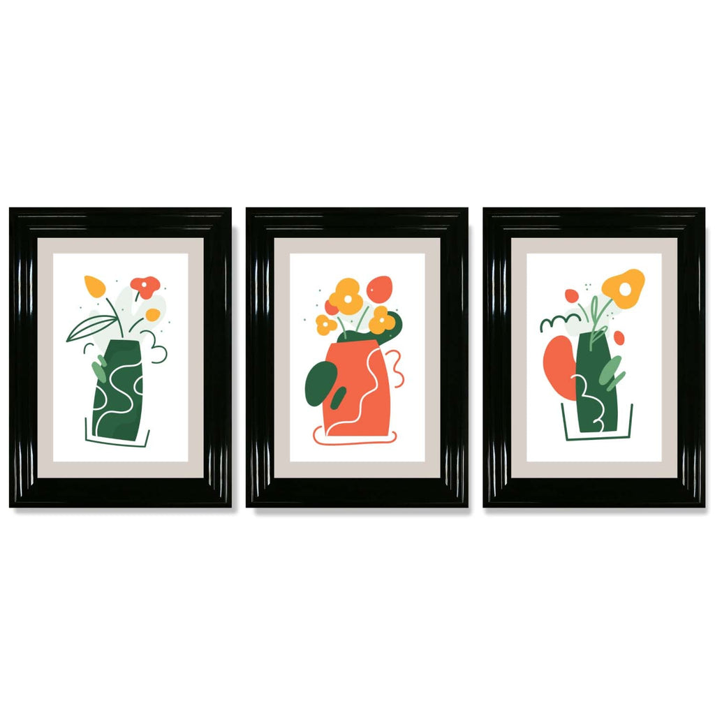 Boho Minimal Floral Green Orange Set of 3 Framed Art Prints | Bowlift