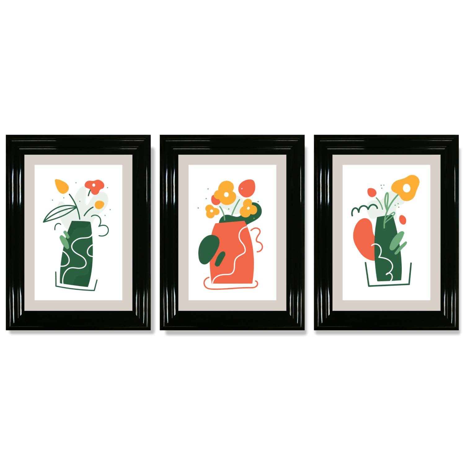 Boho Minimal Floral Green Orange Set of 3 Framed Art Prints | Bowlift