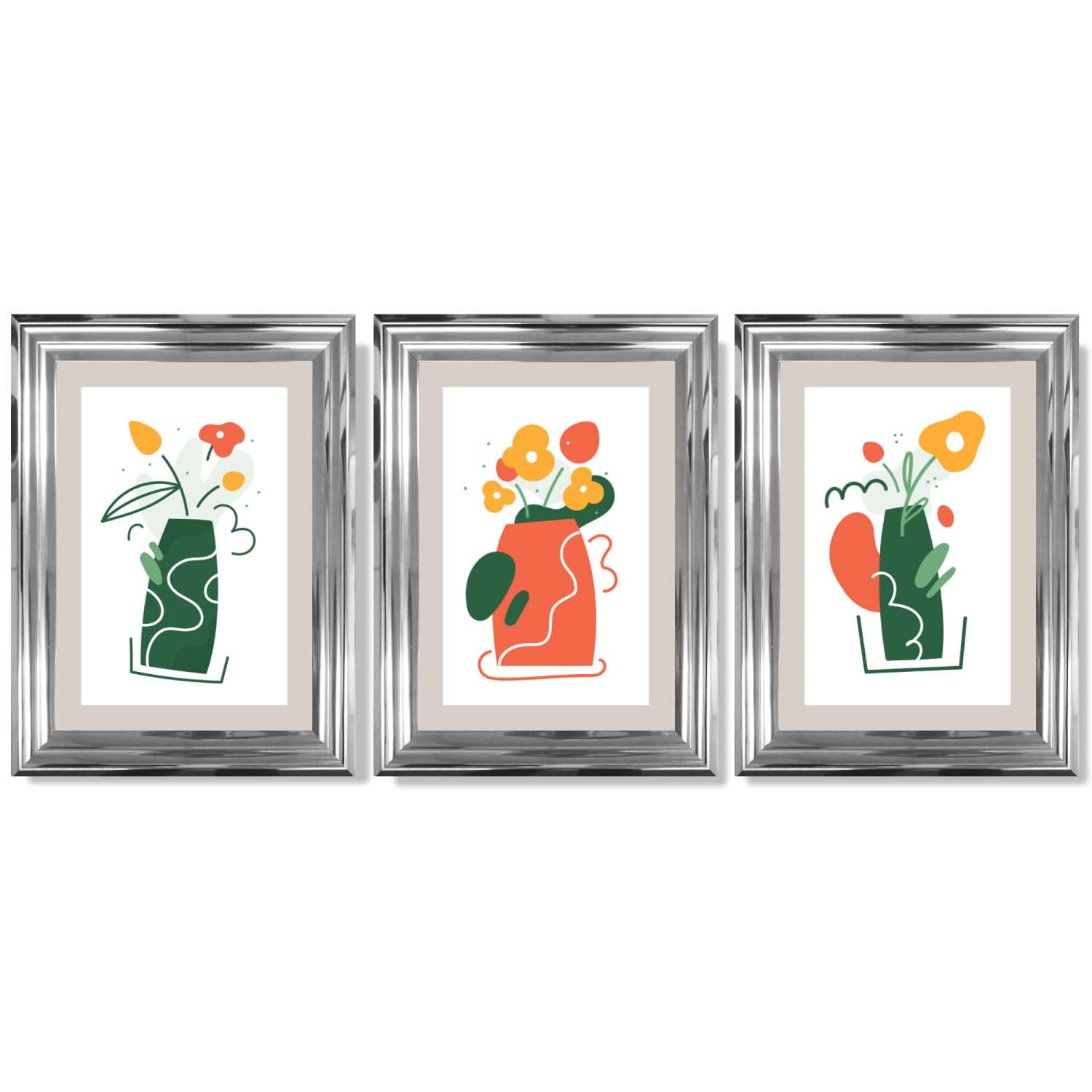 Boho Minimal Floral Green Orange Set of 3 Framed Art Prints | Bowlift