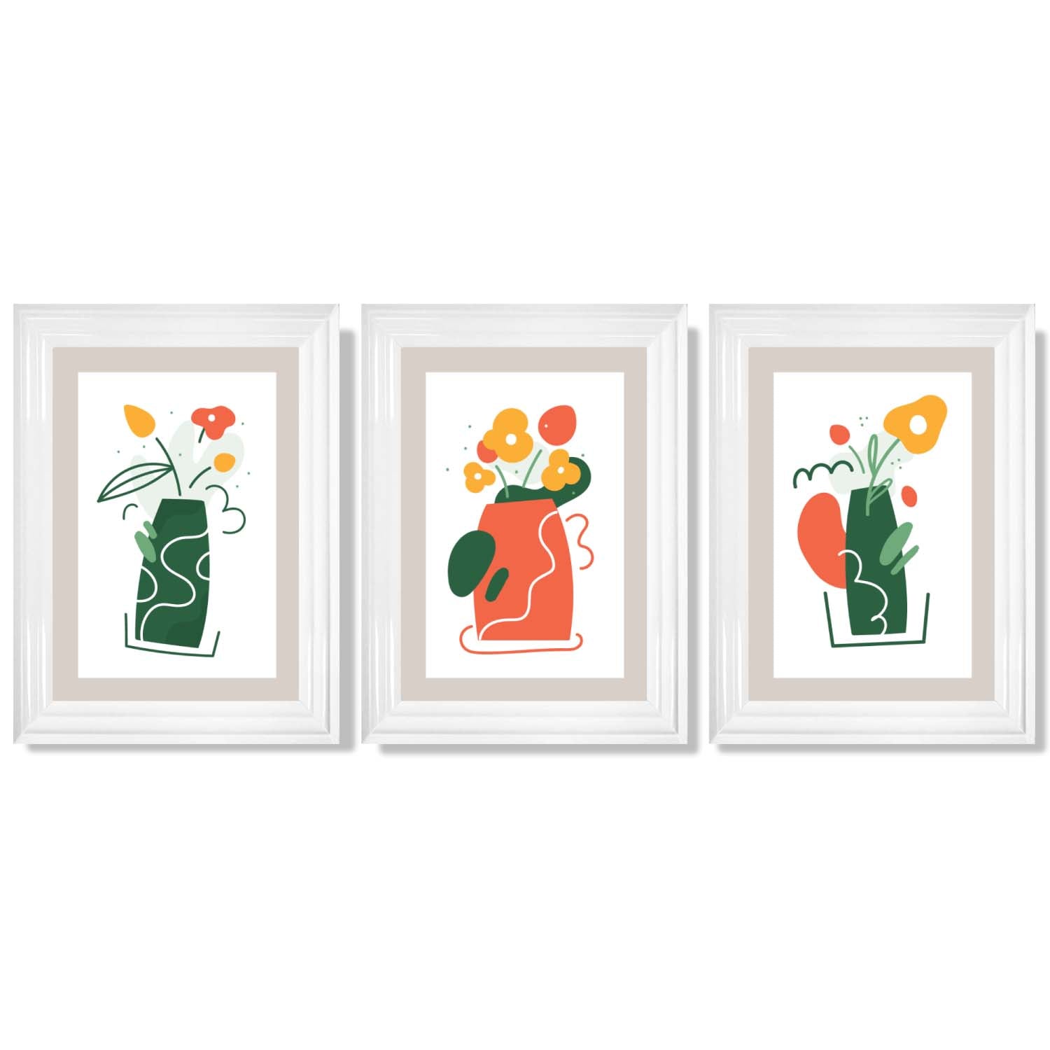 Boho Minimal Floral Green Orange Set of 3 Framed Art Prints | Bowlift