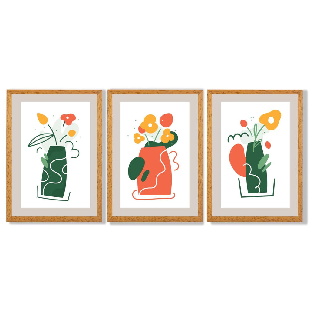 Boho Minimal Floral Green Orange Set of 3 Framed Art Prints | Bowlift