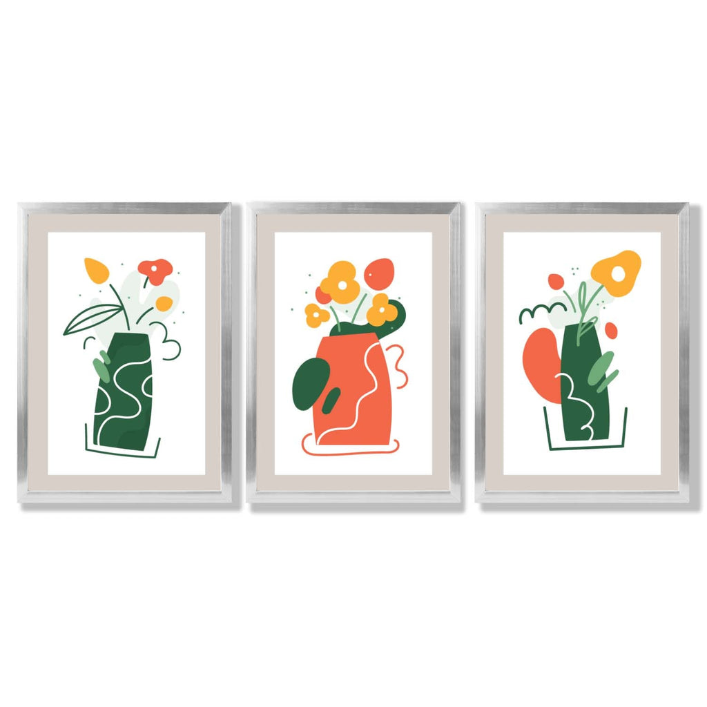 Boho Minimal Floral Green Orange Set of 3 Framed Art Prints | Bowlift