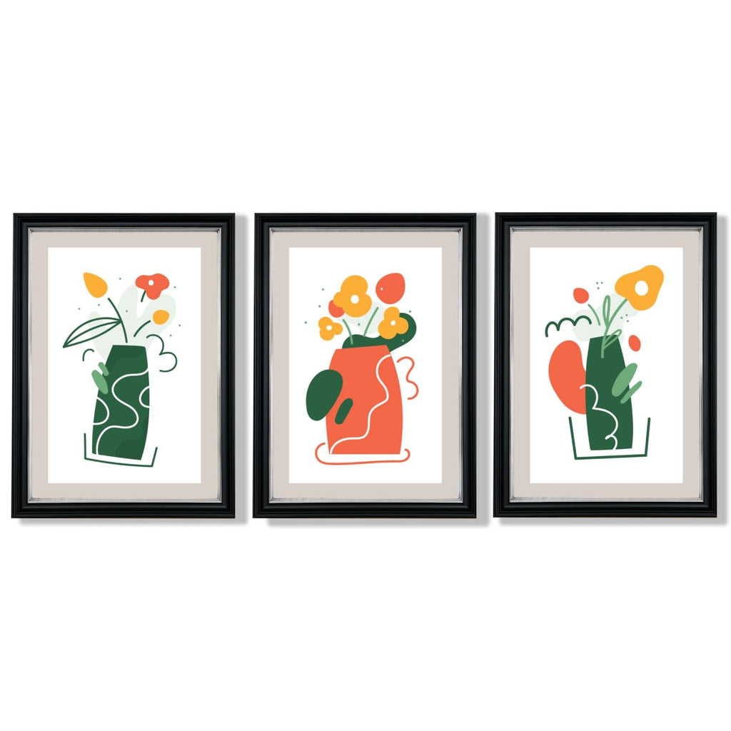 Boho Minimal Floral Green Orange Set of 3 Framed Art Prints | Bowlift