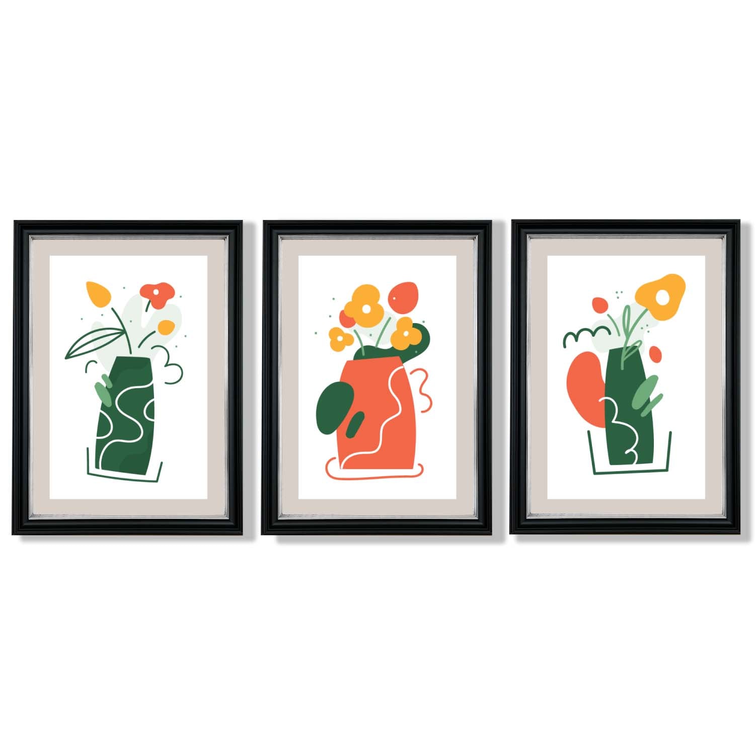 Boho Minimal Floral Green Orange Set of 3 Framed Art Prints | Bowlift