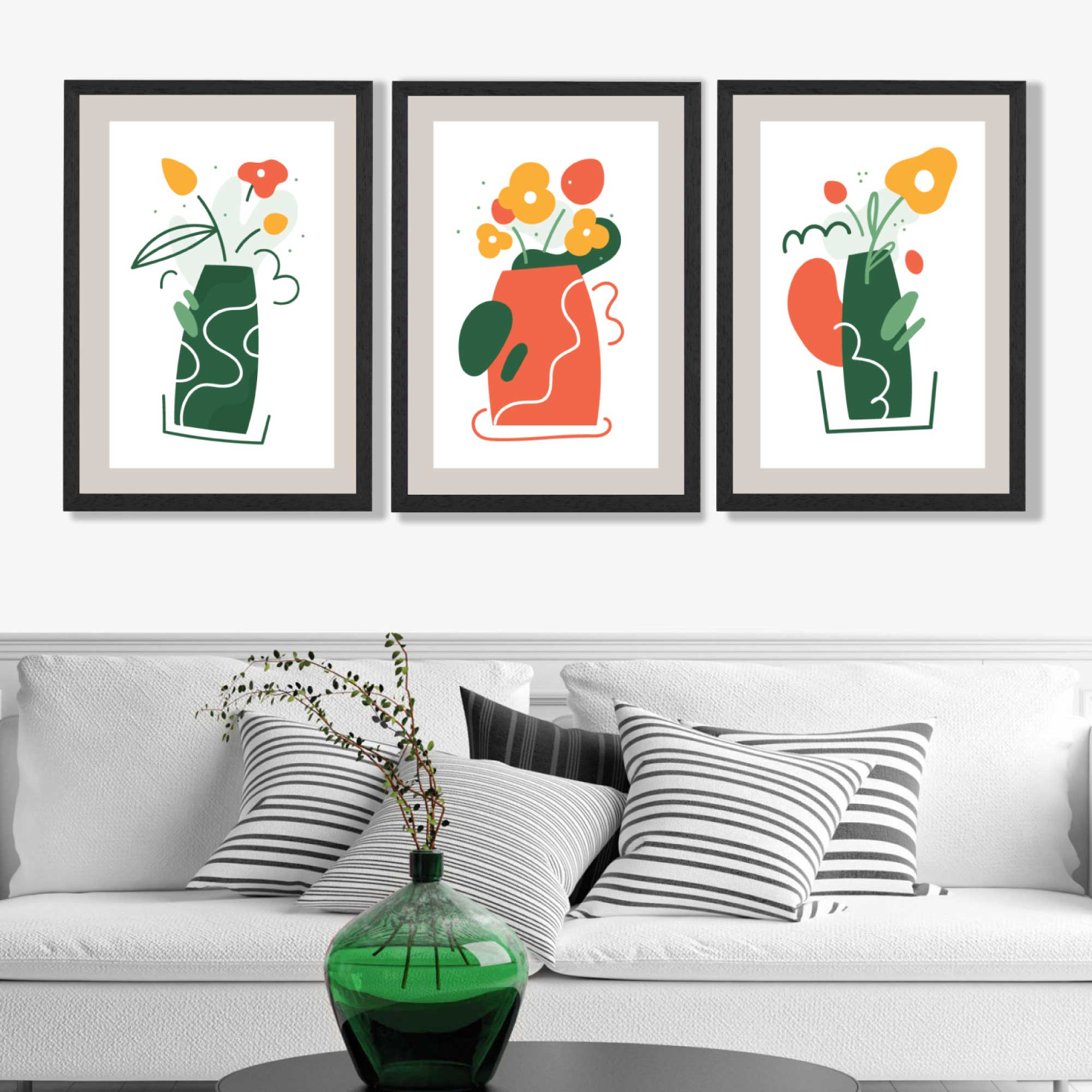 Boho Minimal Floral Green Orange Set of 3 Framed Art Prints | Bowlift