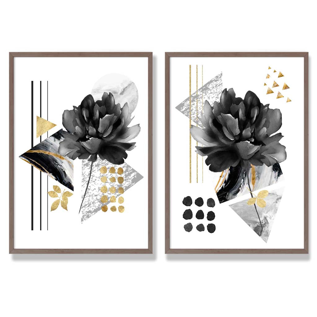 Contemporary flowers in black and gold framed set of 2 art prints | Bowlift
