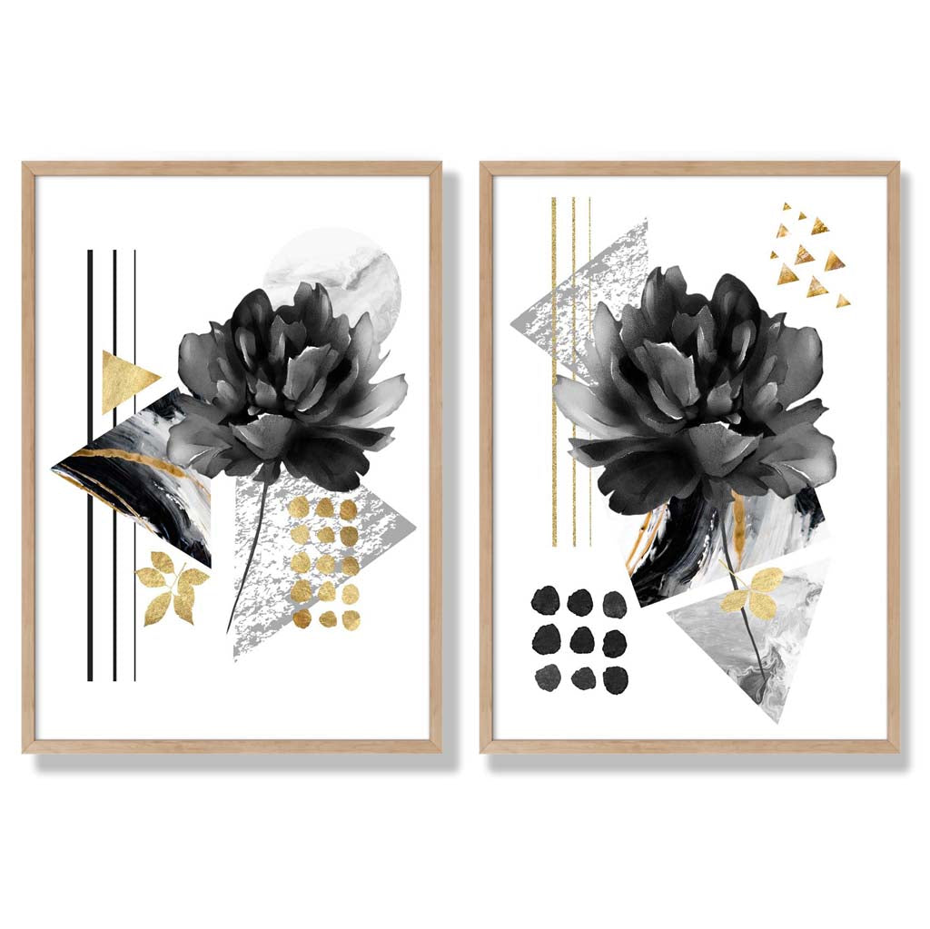 Contemporary flowers in black and gold framed set of 2 art prints | Bowlift