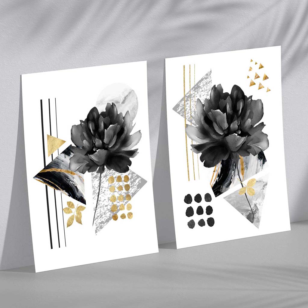 Contemporary flowers in black and gold set of 2 art prints | Bowlift