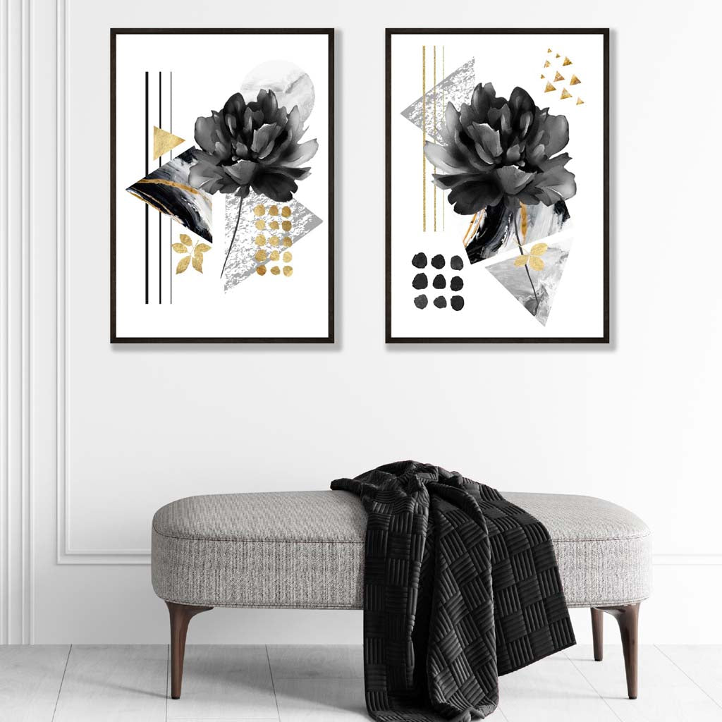 Contemporary flowers in black and gold set of 2 art prints | Bowlift