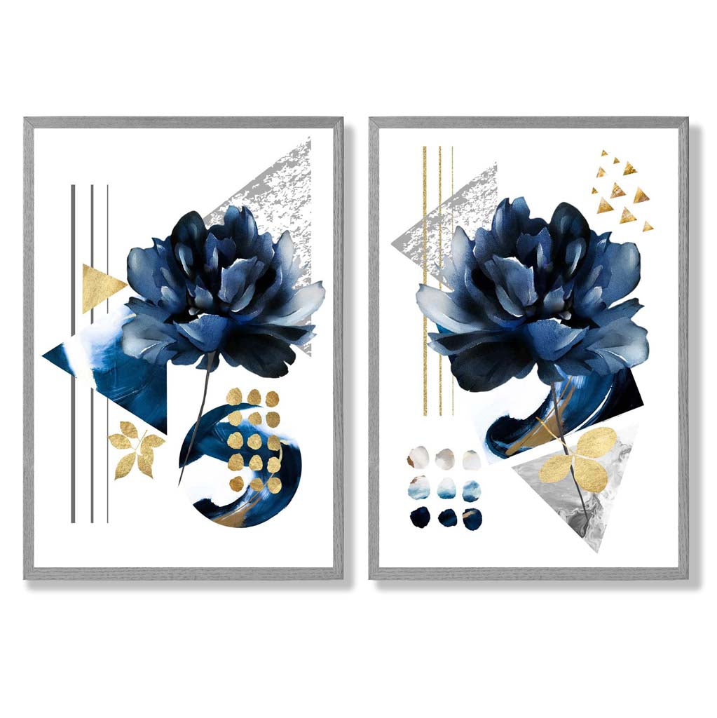Contemporary Flowers in Blue and Gold Framed Set of 2 Art Prints | Bowlift
