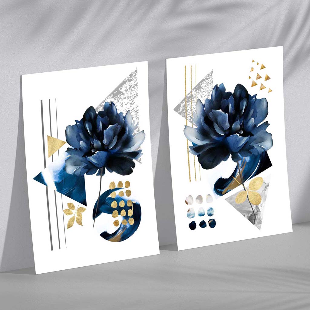Contemporary Flowers in Blue and Gold Framed Set of 2 Art Prints | Bowlift