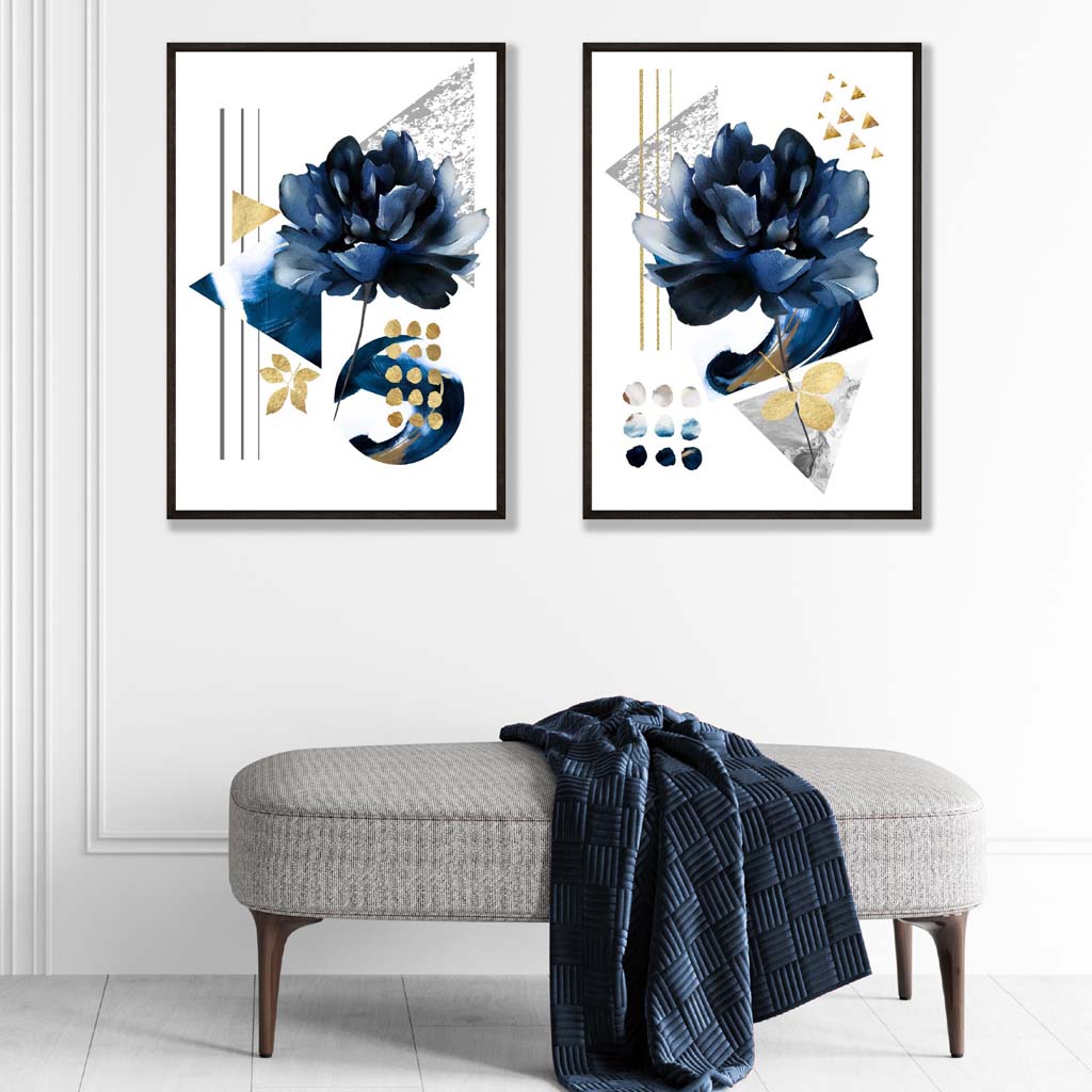 Contemporary Flowers in Blue and Gold Framed Set of 2 Art Prints | Bowlift
