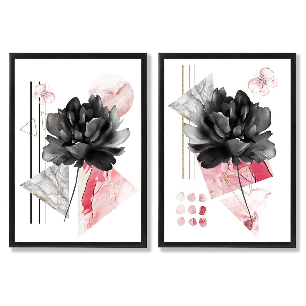 Contemporary Flowers in Black and Pink Framed Set of 2 Art Prints | Bowlift