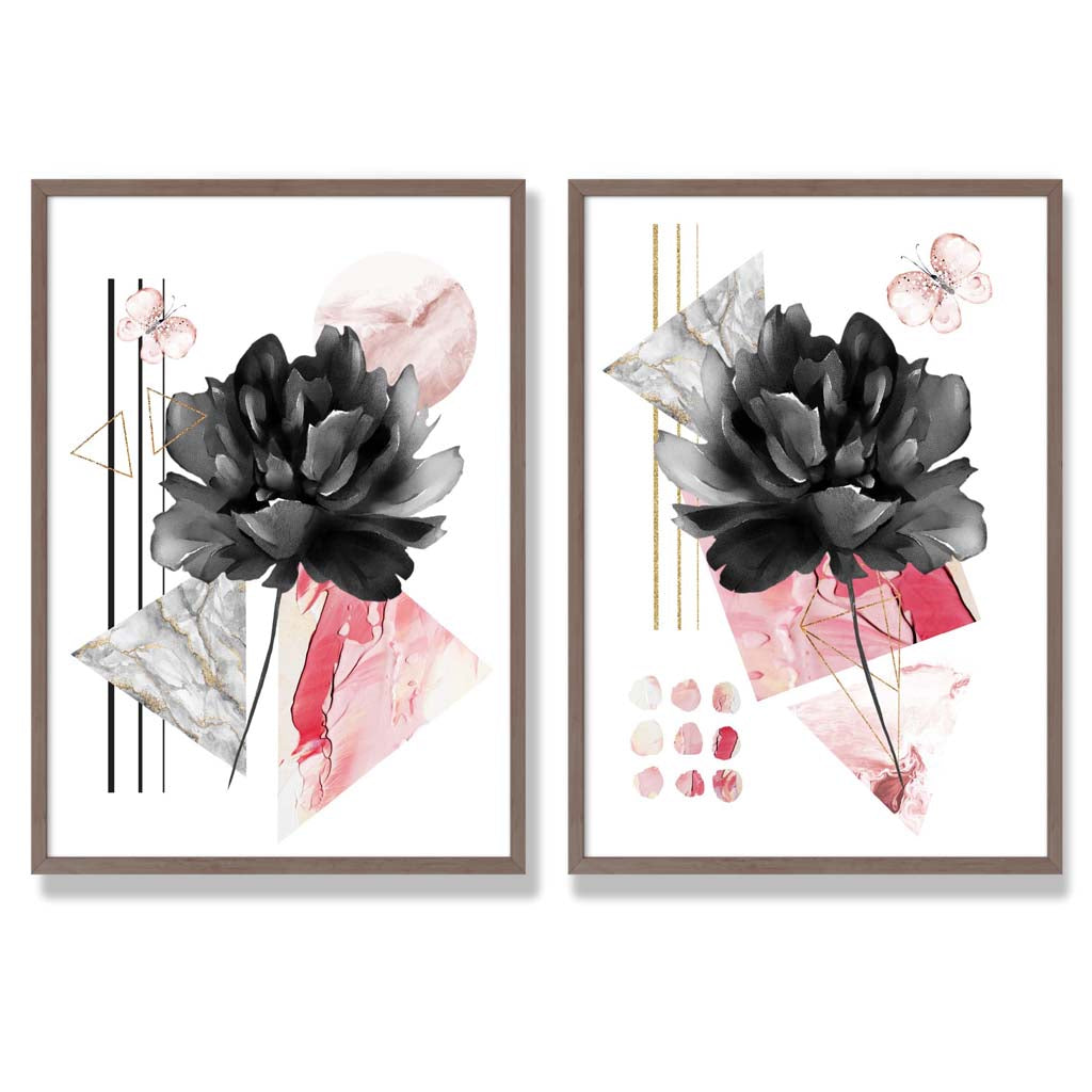 Contemporary Flowers in Black and Pink Framed Set of 2 Art Prints | Bowlift
