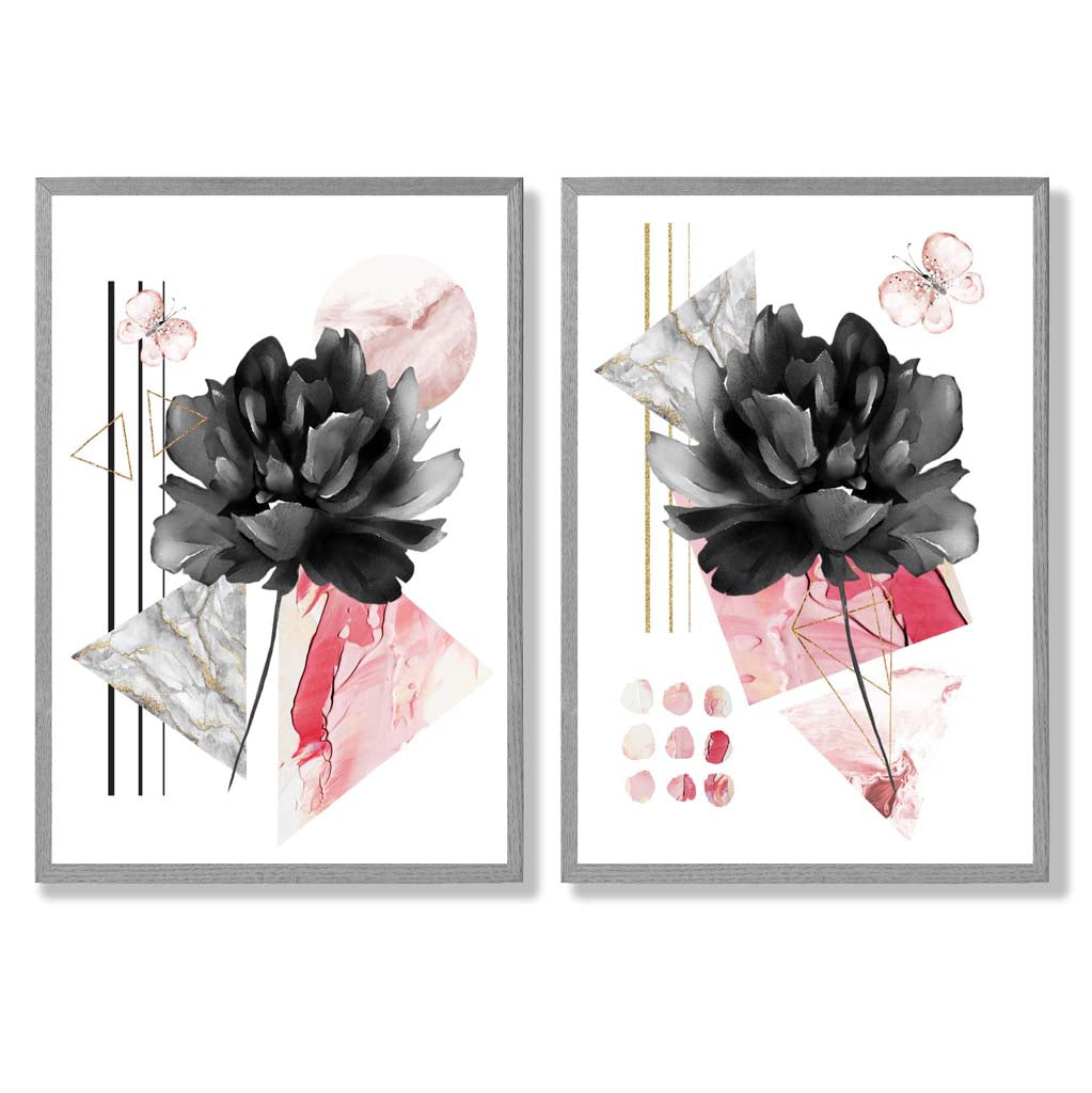 Contemporary Flowers in Black and Pink Framed Set of 2 Art Prints | Bowlift