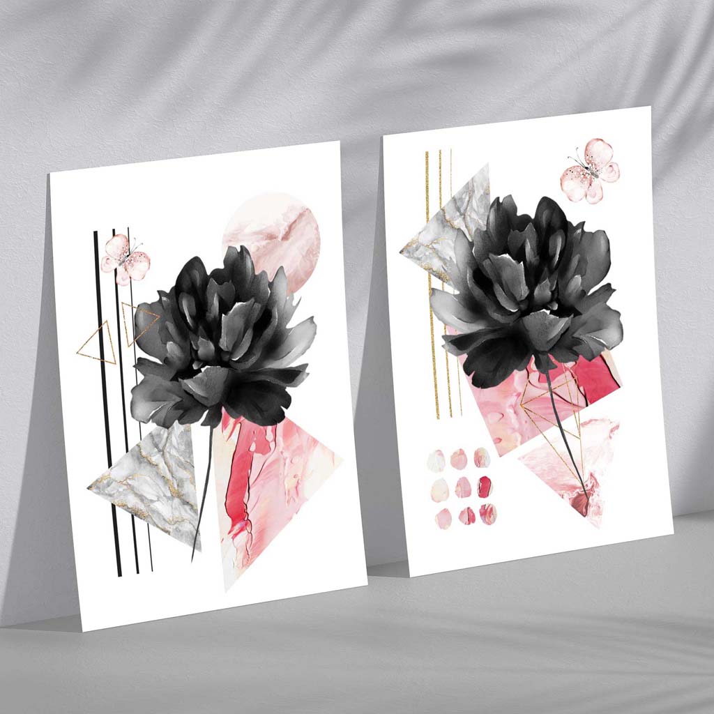 Contemporary flowers in black and pink set of 2 art prints | Bowlift