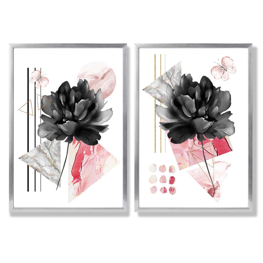 Contemporary Flowers in Black and Pink Framed Set of 2 Art Prints | Bowlift