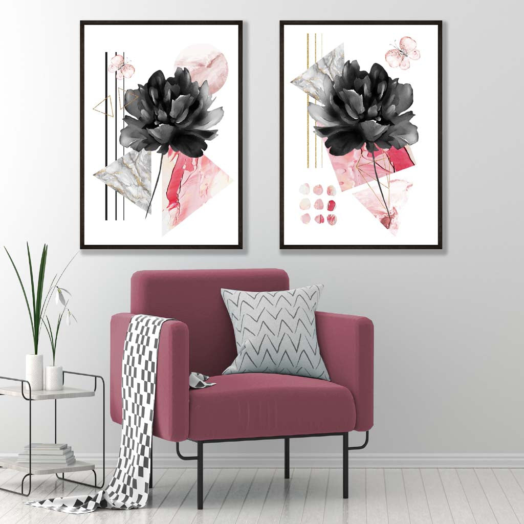 Contemporary Flowers in Black and Pink Framed Set of 2 Art Prints | Bowlift