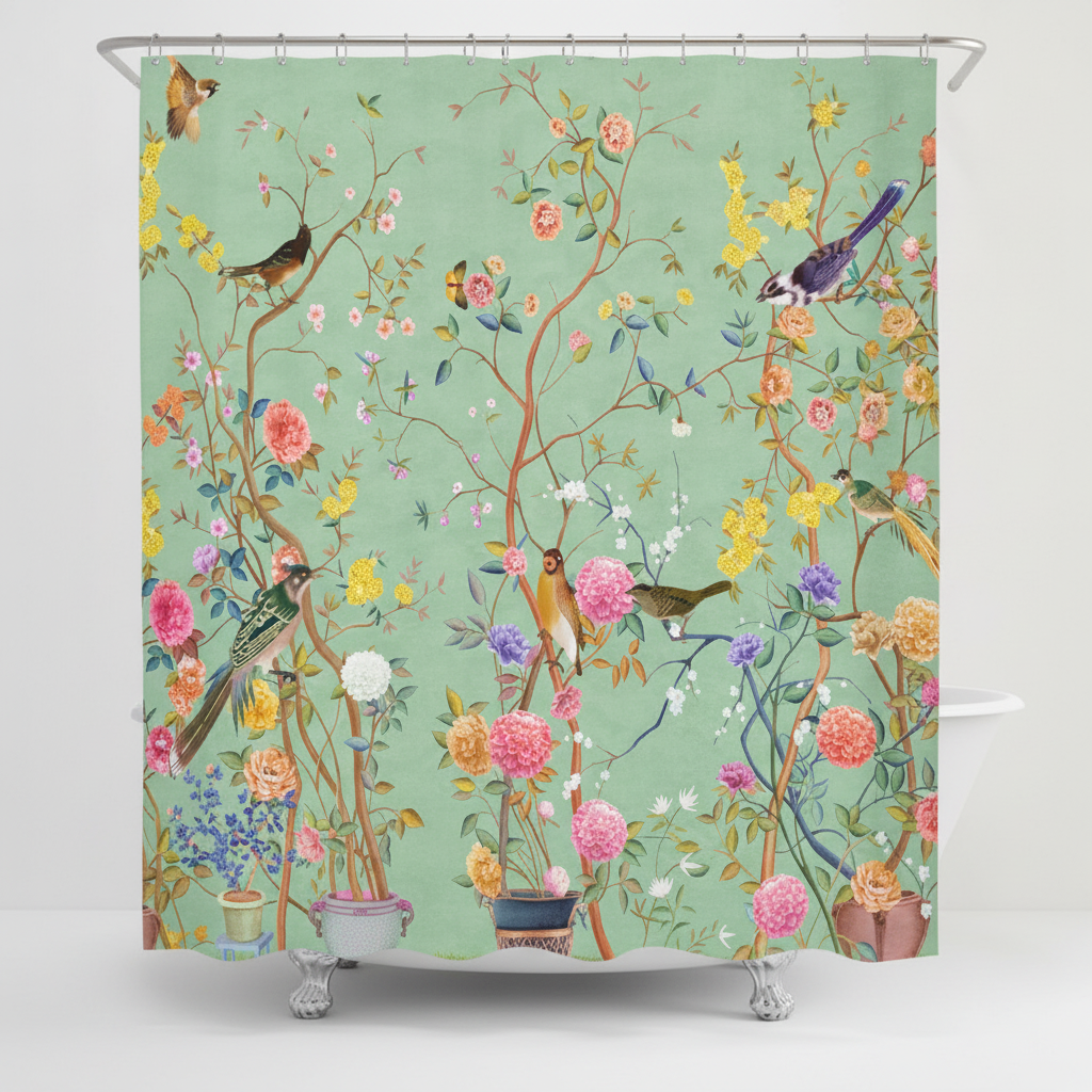 Flower and Bird Motif Shower Curtain - AquaFlora