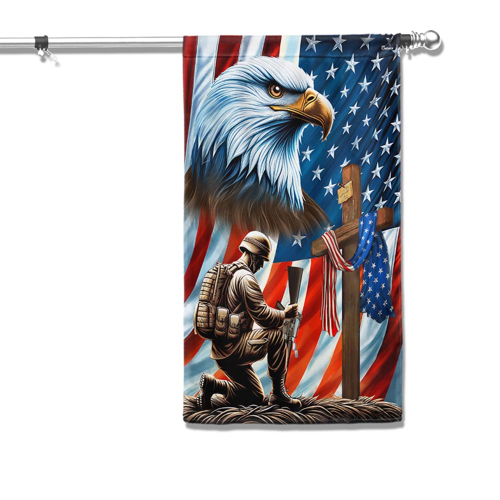 Veterans Day flag, Patriotic Eagle Veteran Kneeling Soldier Christ Cross Memorial Day American Flag