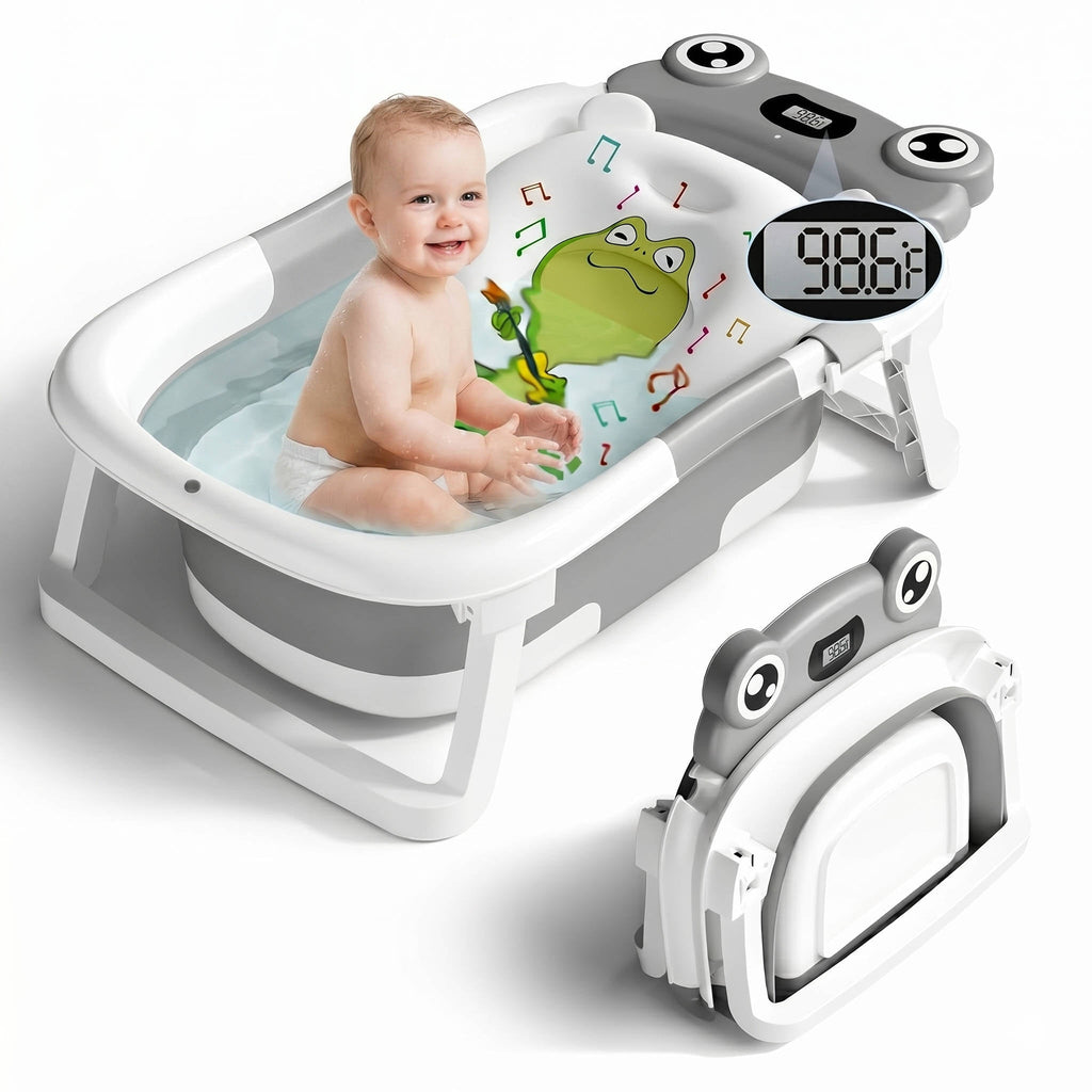 Collapsible Baby Bathtub with Real Time Thermometer and Soft Cushion, Portable 0 to 24 Months Infant to Toddler Travel Tub with Non Slip Feet