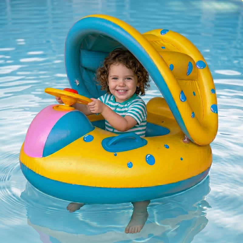 Kids Swim Trainer Pool Float with Sun Shade, Inflatable Swim Ring PVC Baby Toddler Safe Float